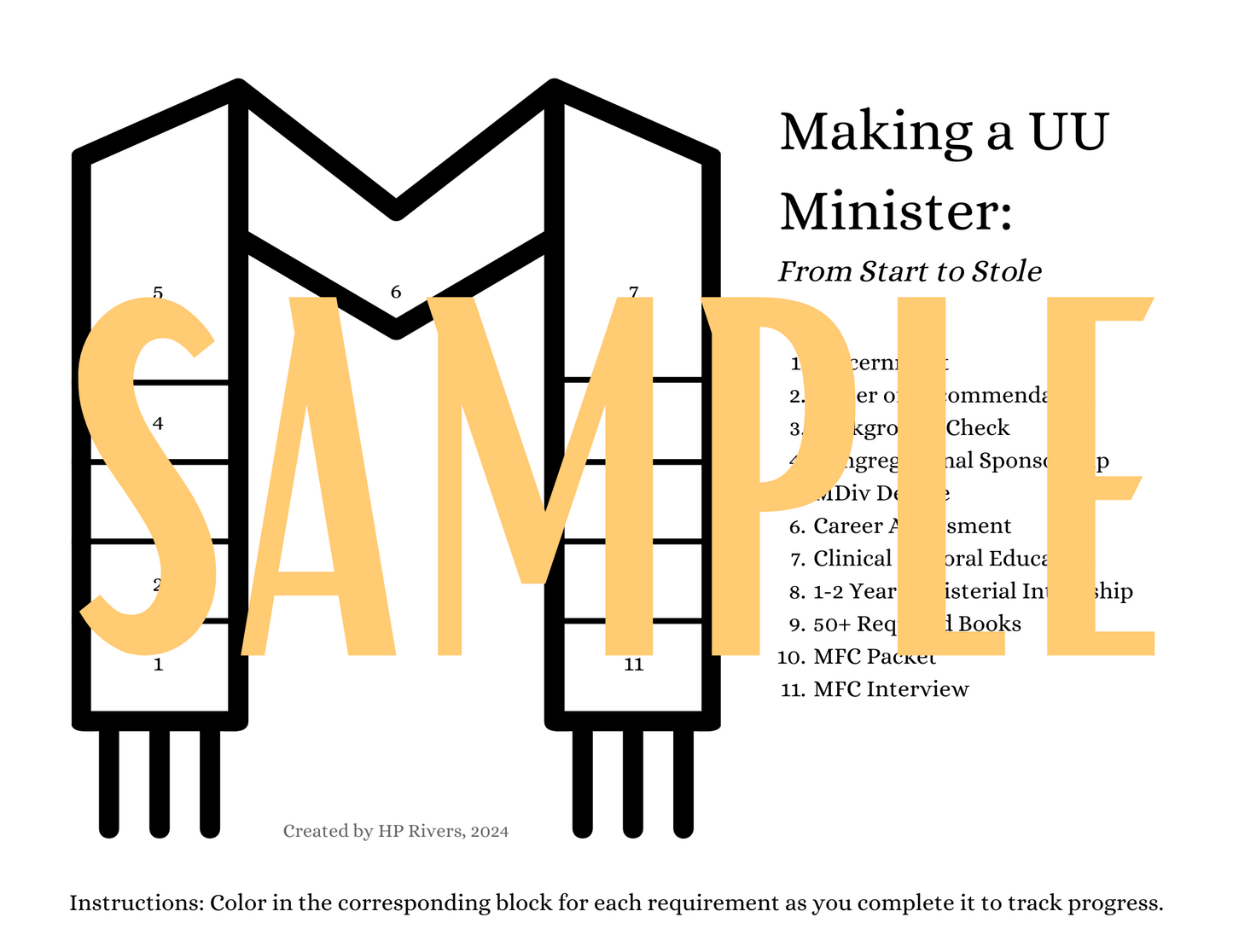 [Digital Download] Making a UU Minister from Start to Stole Progress Tracker Coloring Page by HP Rivers